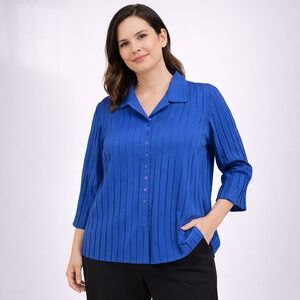 JOHN MARK Blouse Womens Petite Medium Royal Blue Pleated Button Front Shirt New